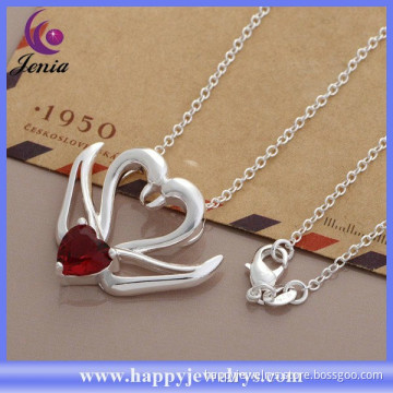 Double swan pendant red zircon wholesale 925 silver plated fashion necklace (AN1022)